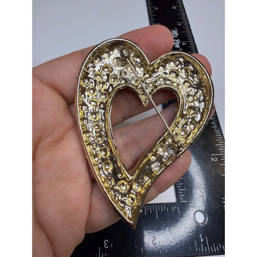 Gold Tone Quilted Lattice Open Heart Brooch Statement Pin Large Textured Heart